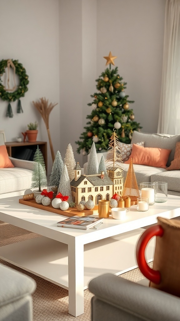 A cozy coffee table decorated for Christmas with a wooden house, festive trees, and candles.