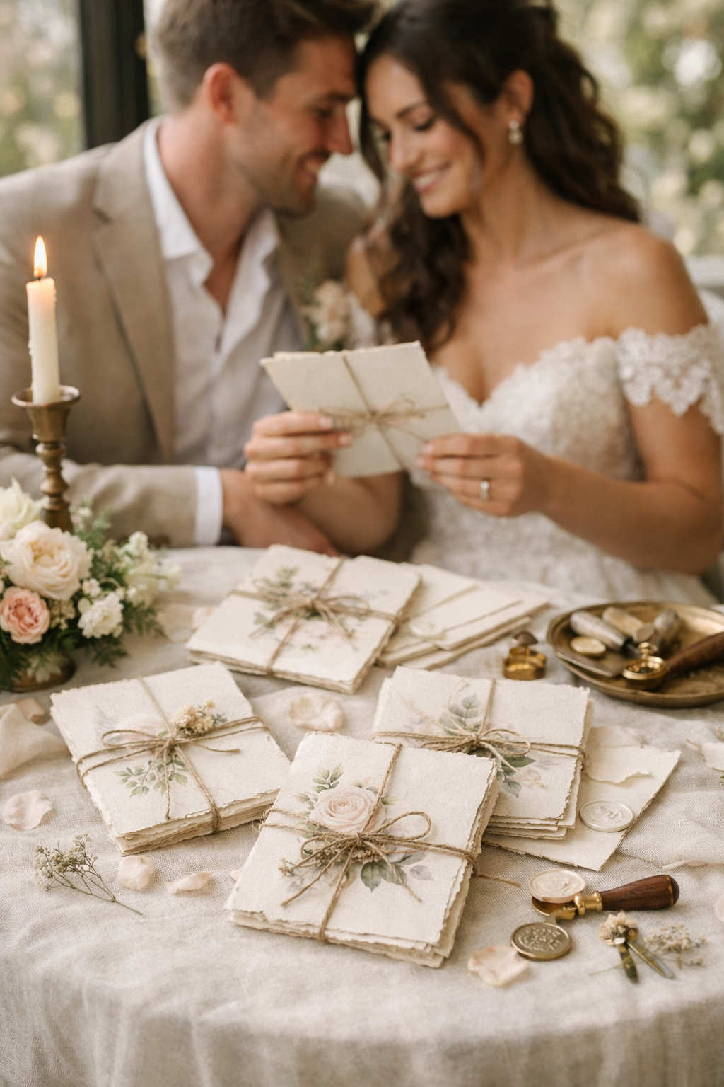 A couple sitting at a table with handmade wedding invitations, surrounded by flowers and decorative items.