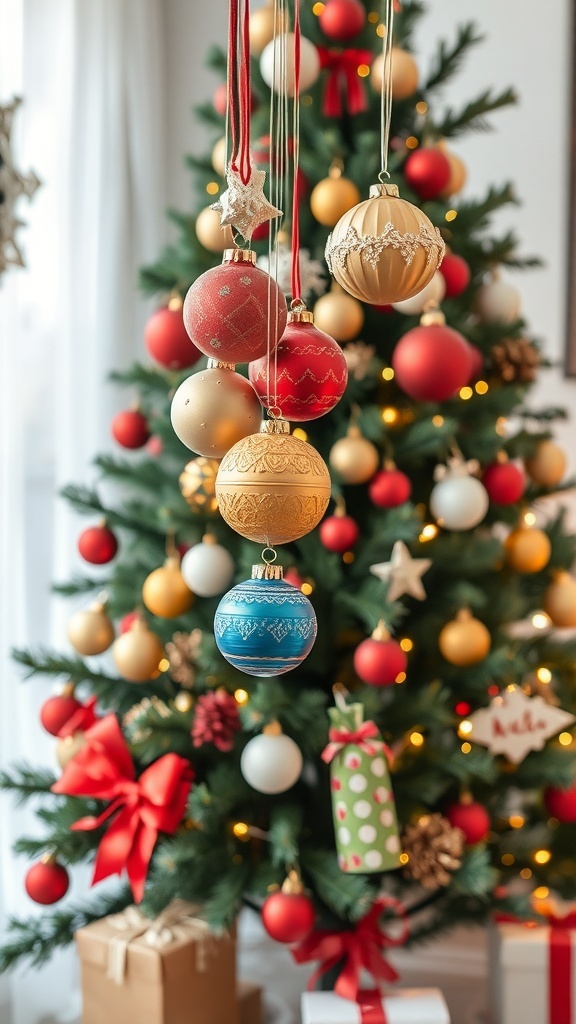A collection of colorful handmade ornaments hanging from a Christmas tree, surrounded by festive decorations.