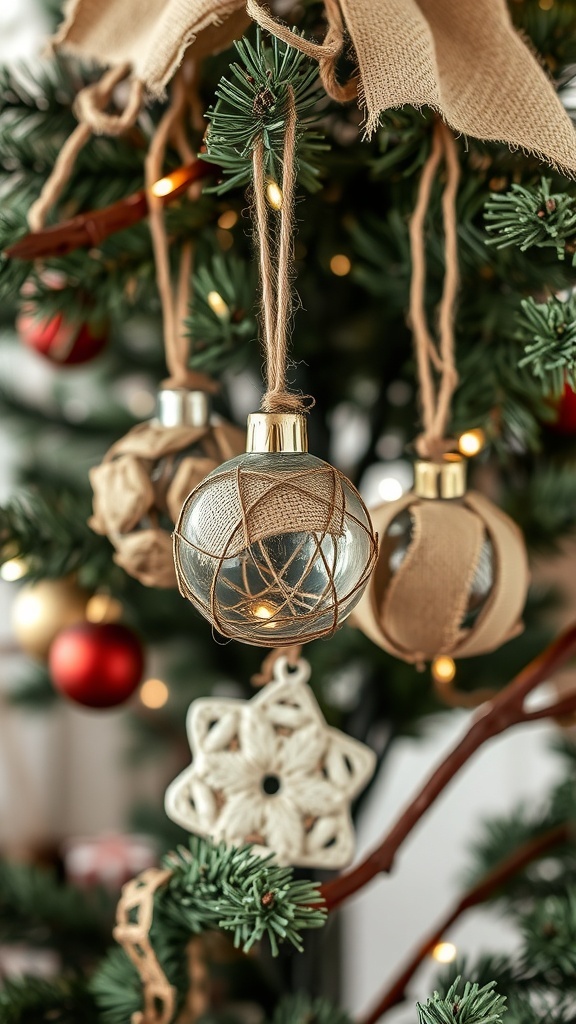 Handmade ornaments on a Christmas tree, featuring glass ornaments wrapped in twine and a macramé snowflake.