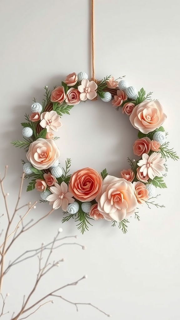 A winter wreath featuring handmade paper flowers in soft peach and white colors, with decorative elements.