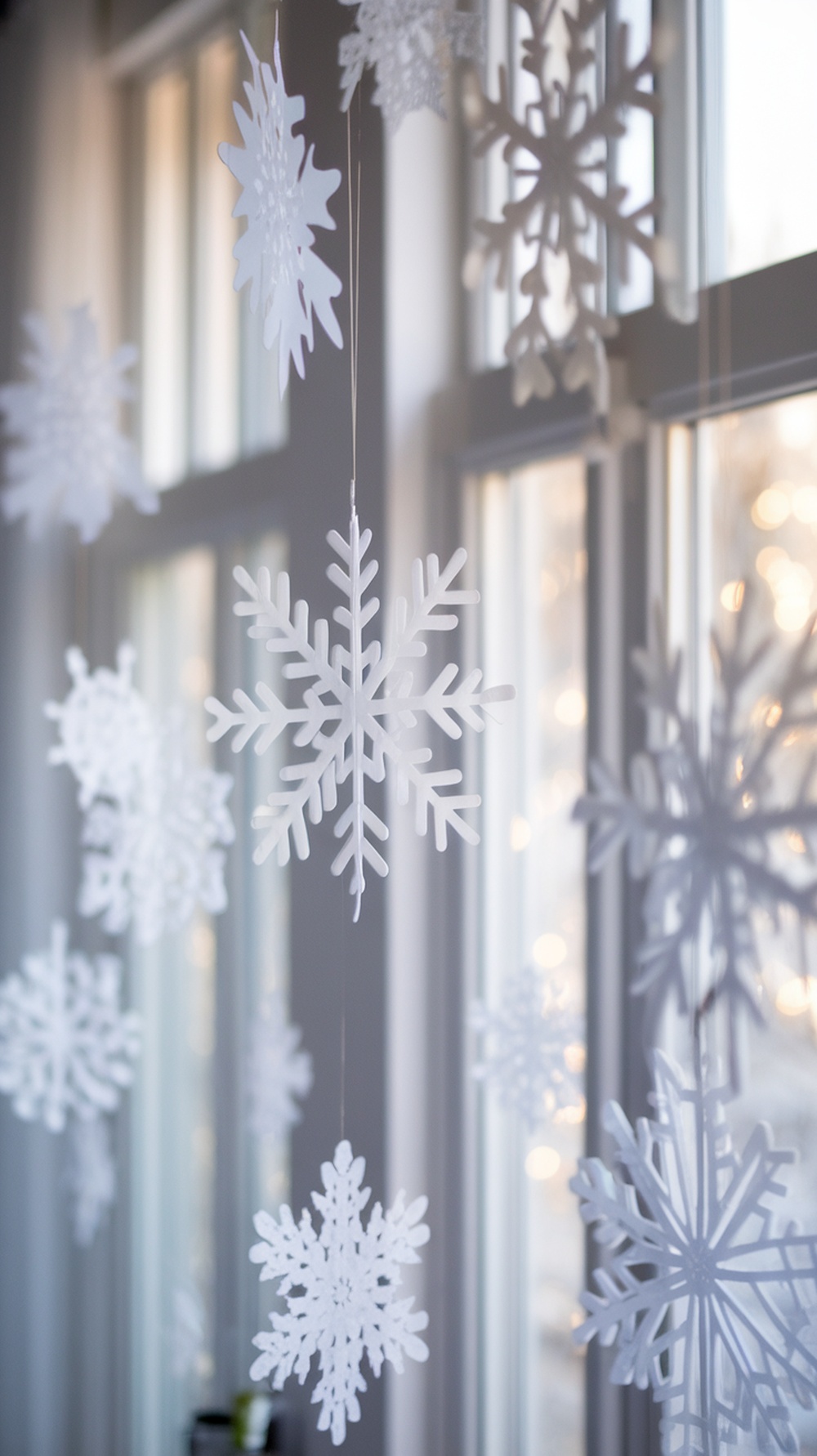 Handmade paper snowflakes hanging in front of a window