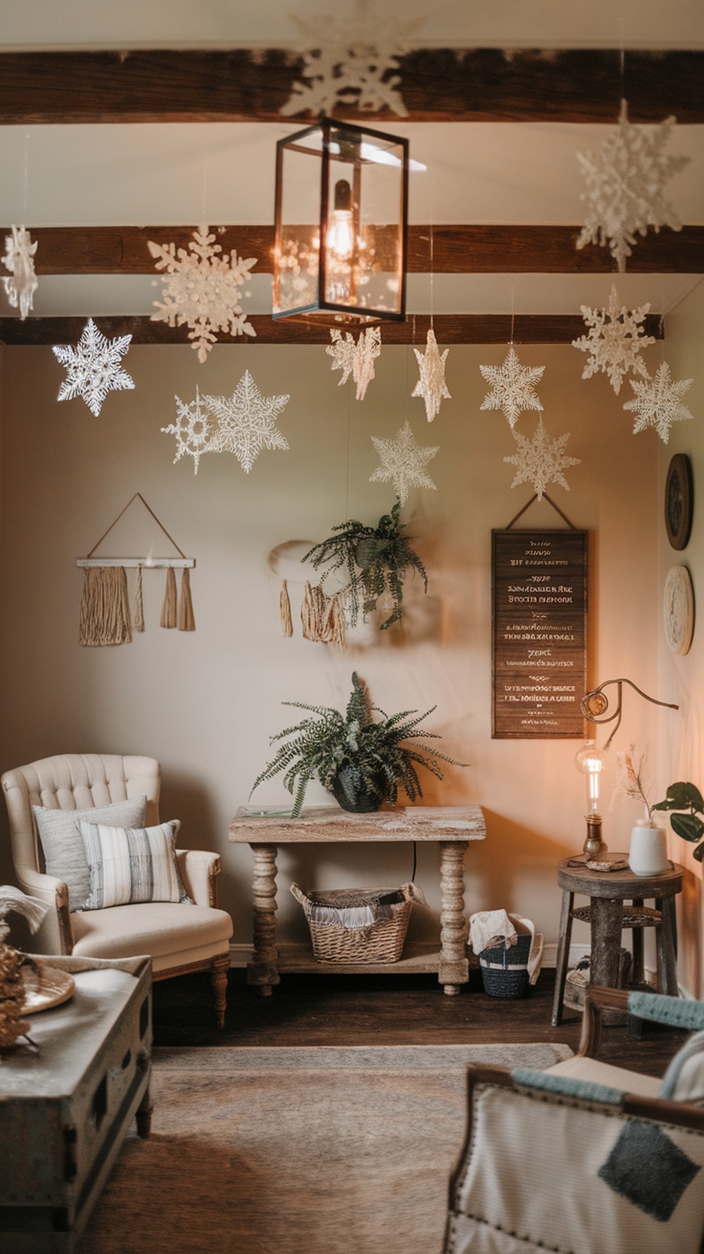 A cozy room decorated with handmade paper snowflakes hanging from the ceiling, featuring warm lighting and rustic furniture.