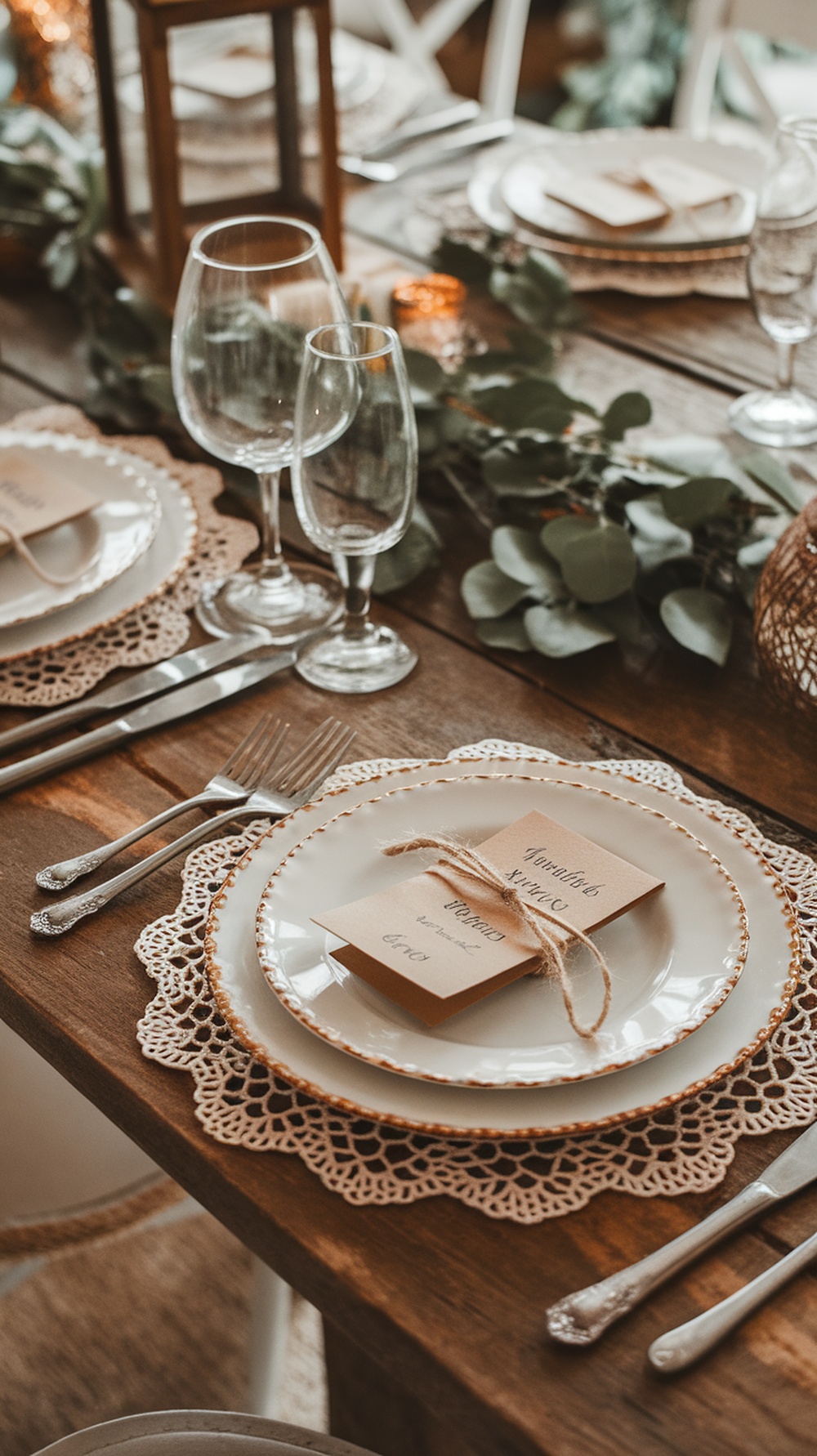 A rustic Thanksgiving table setting featuring handmade place cards tied with twine, elegant plates, and greenery.