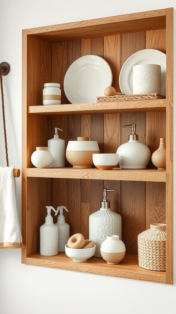 A wooden shelf displaying various handmade pottery accessories in a cottagecore bathroom style.