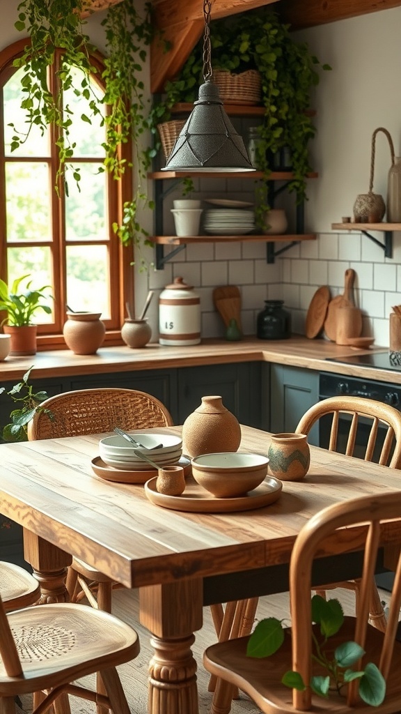 A rustic kitchen featuring handmade pottery and ceramics on a wooden table, surrounded by plants and warm lighting.