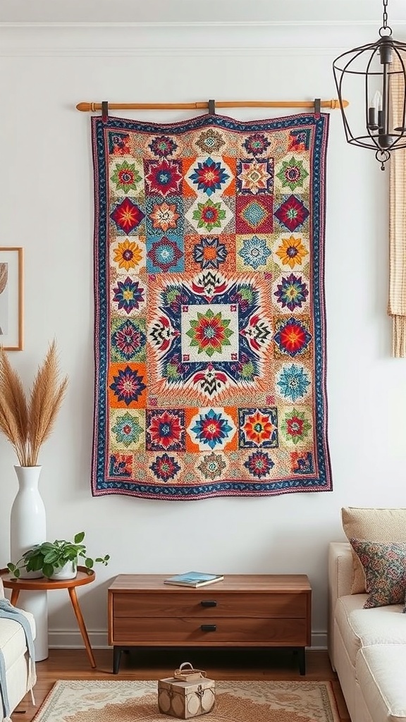 A colorful handmade quilt displayed on a wall, adding warmth to a cozy living room.