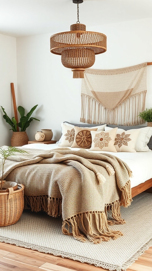 A rustic farmhouse bedroom featuring handmade textiles, including a chunky knit blanket, decorative pillows, and a woven wall hanging.