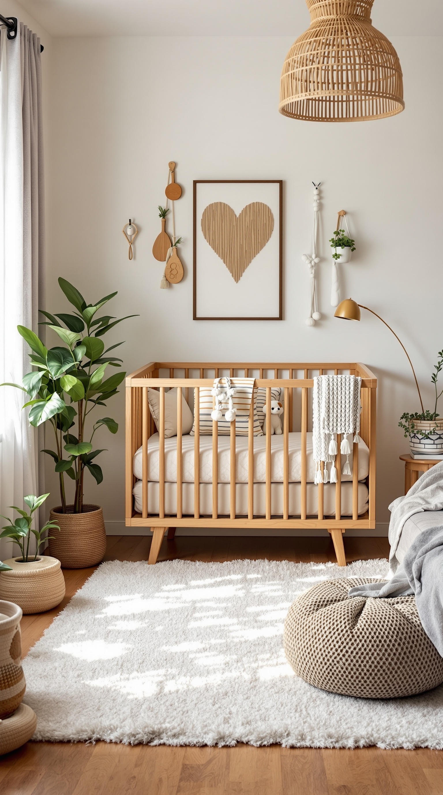 A cozy boho baby nursery featuring a wooden crib, handmade wall decor, plants, and soft textures.