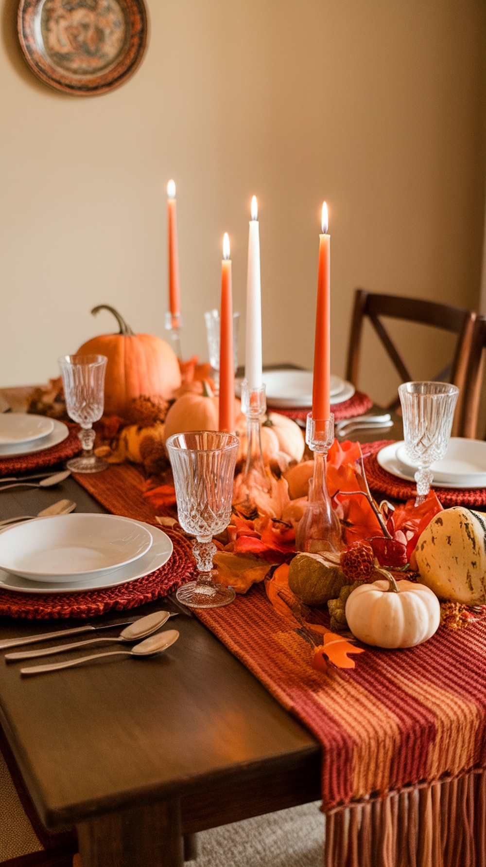A rustic Thanksgiving table setting featuring a handwoven table runner, pumpkins, candles, and elegant glassware.
