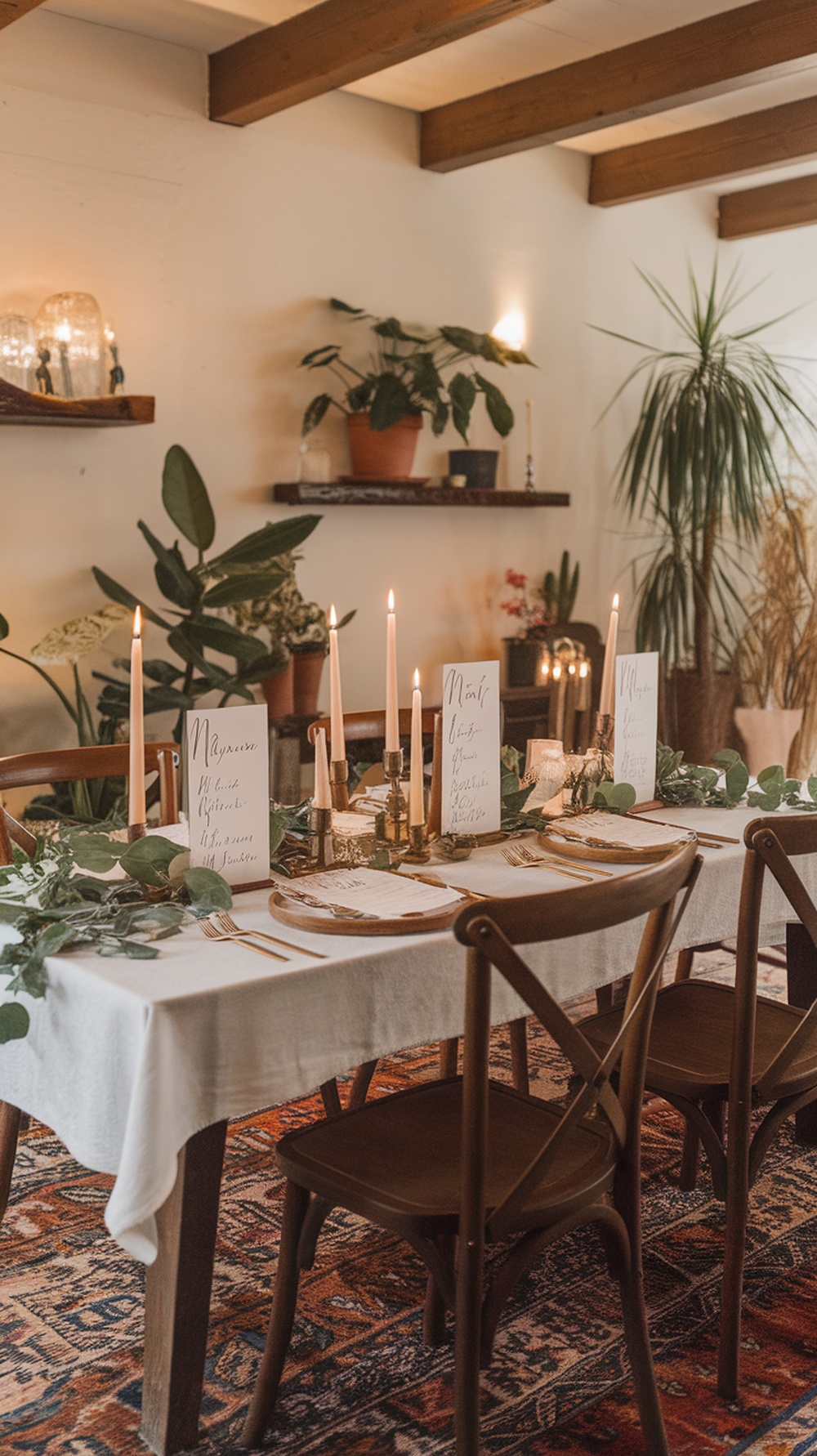 A beautifully set Thanksgiving table featuring handwritten menu cards, candles, and greenery.