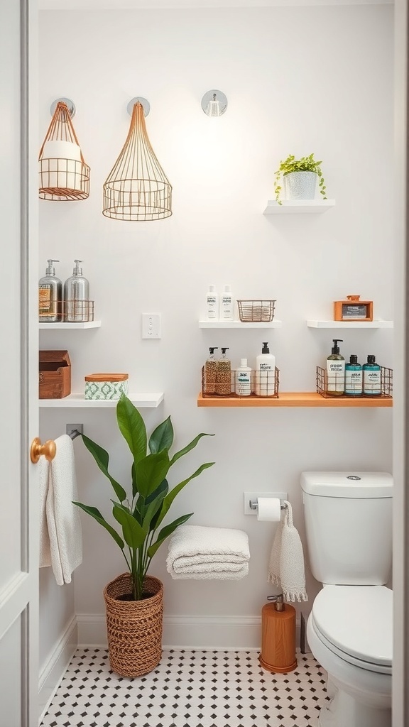 A small bathroom featuring hanging wire baskets for storage, floating shelves, and a plant.