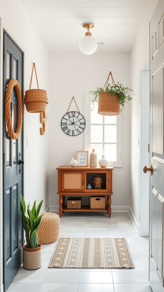 A stylish entryway featuring hanging baskets, a wooden console table, and decorative elements.