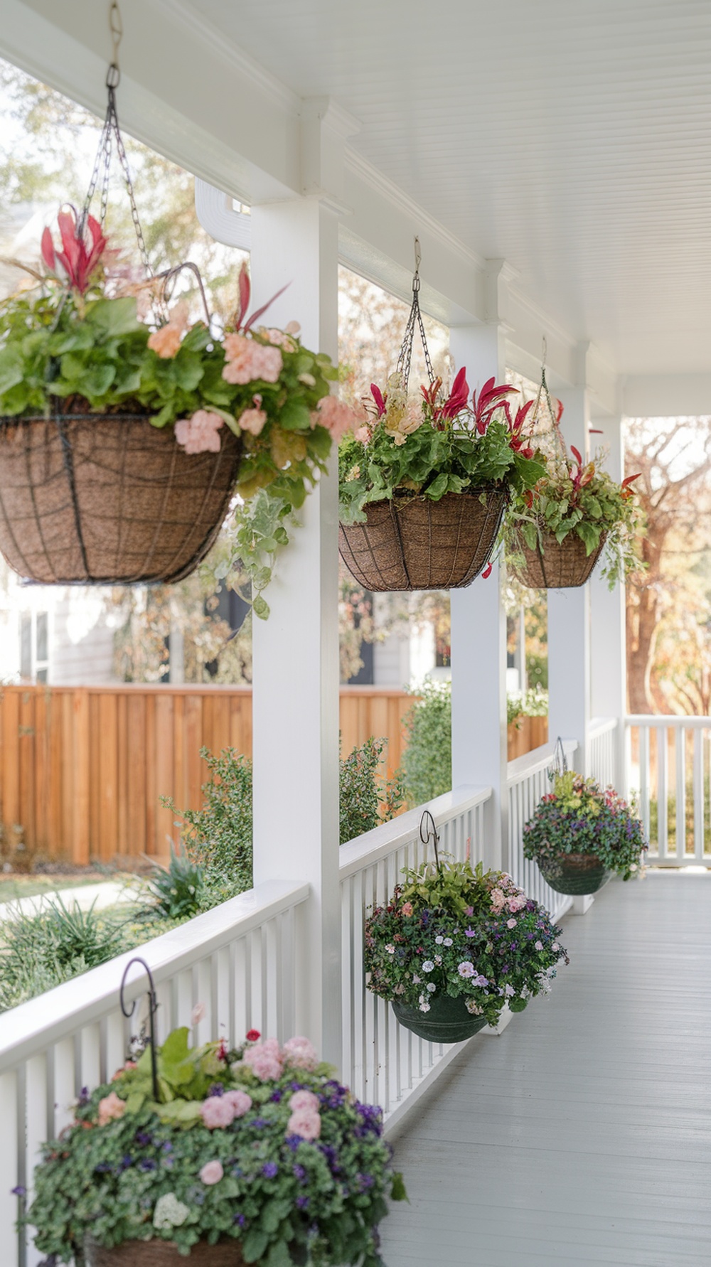 Hanging baskets filled with seasonal plants on a porch