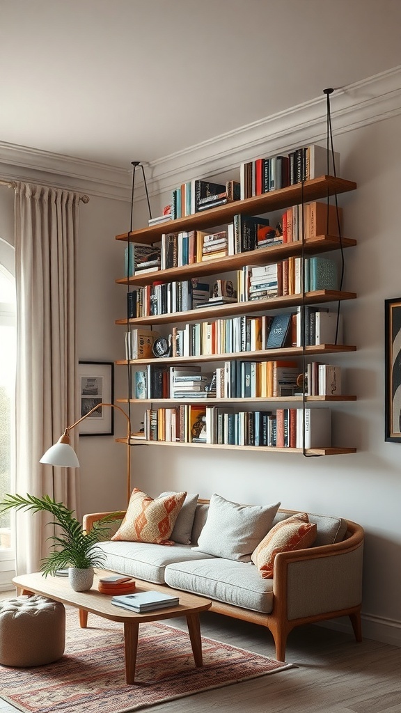 A cozy living room with a hanging bookshelf displaying various books, complemented by stylish furniture and decor.