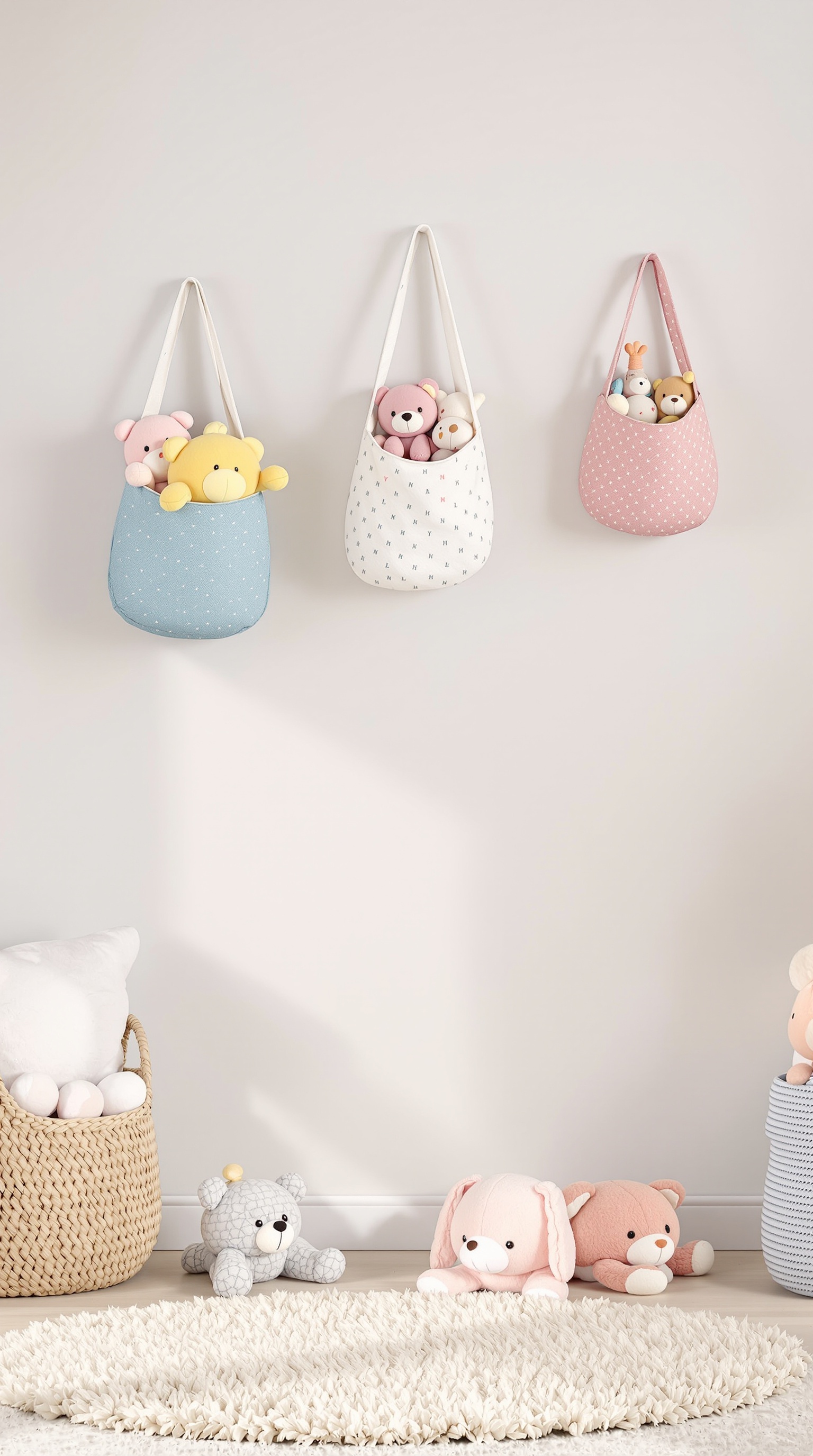 Three hanging fabric baskets filled with soft toys in pastel colors.