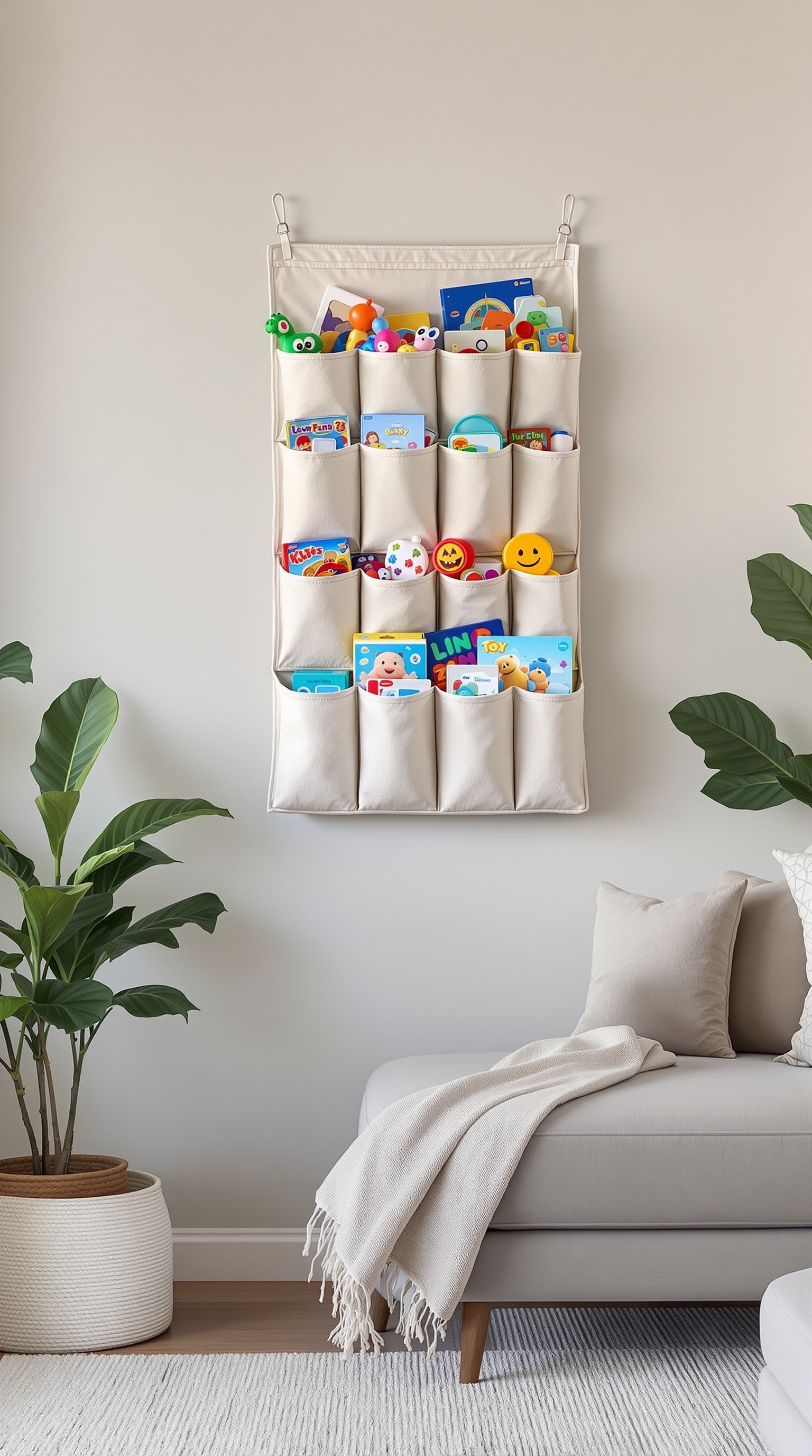 A hanging fabric organizer filled with toys and books, mounted on a wall in a living room.