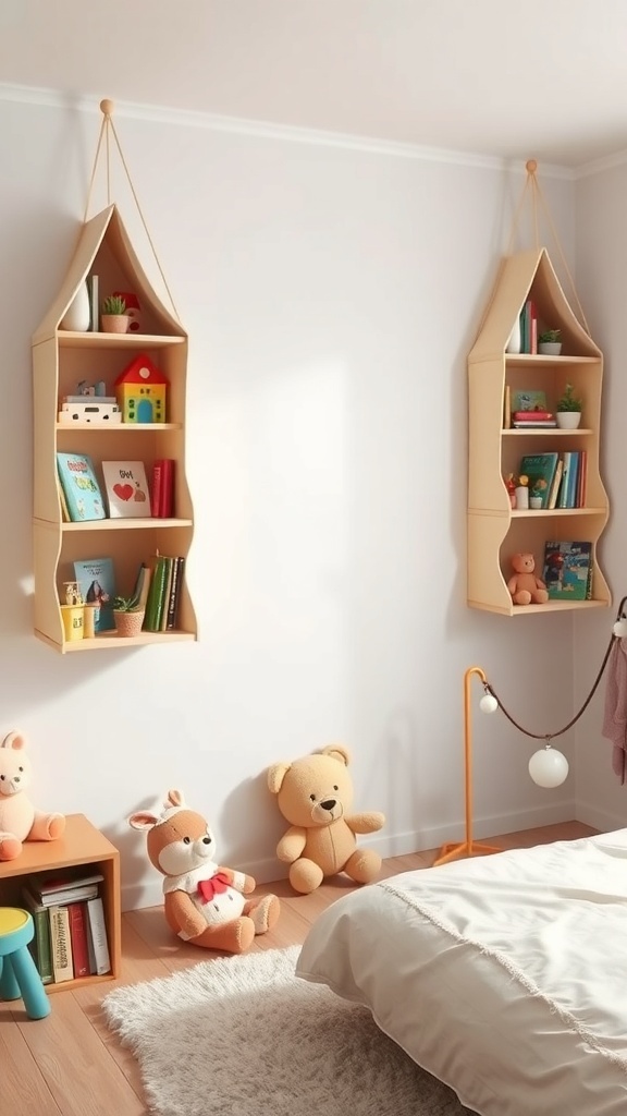 Two hanging fabric shelves shaped like houses filled with books and toys in a children's room.
