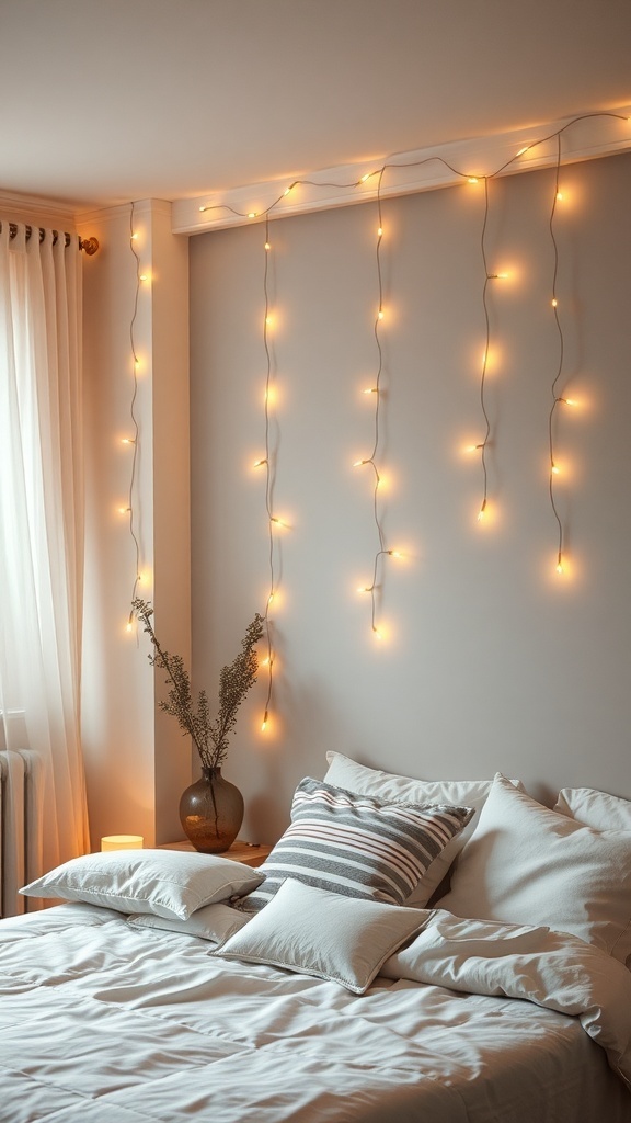 A cozy bedroom with fairy lights hanging on the wall, creating a warm atmosphere.