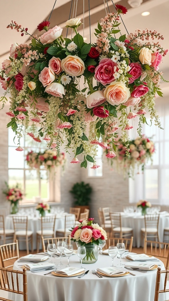 Colorful hanging floral arrangements in a wedding reception setting