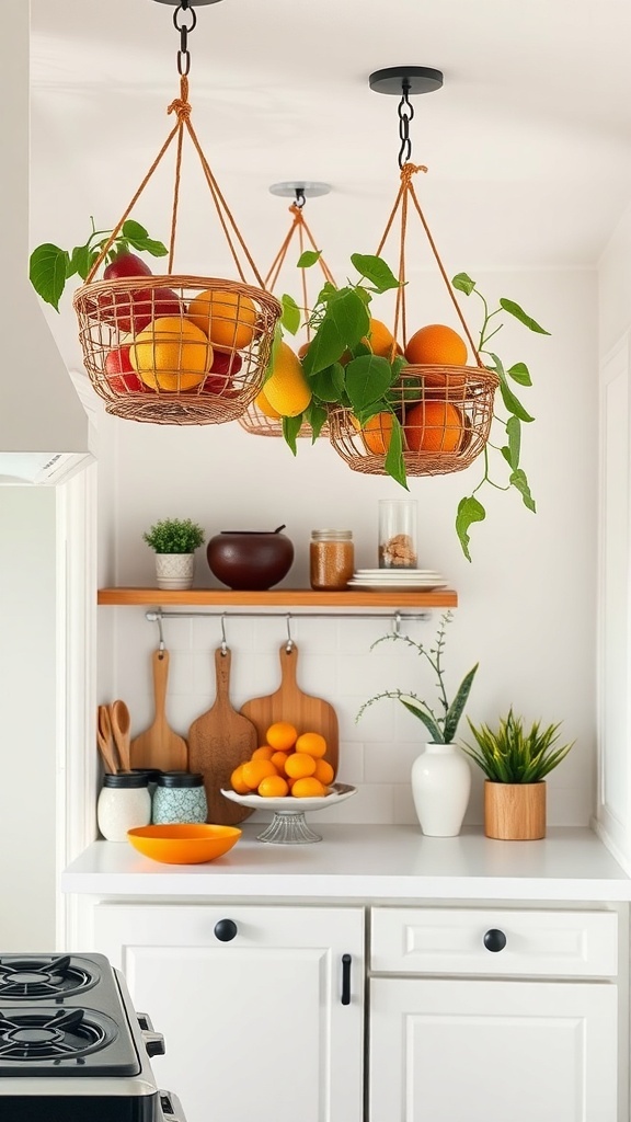 Hanging fruit baskets filled with colorful fruits in a small kitchen