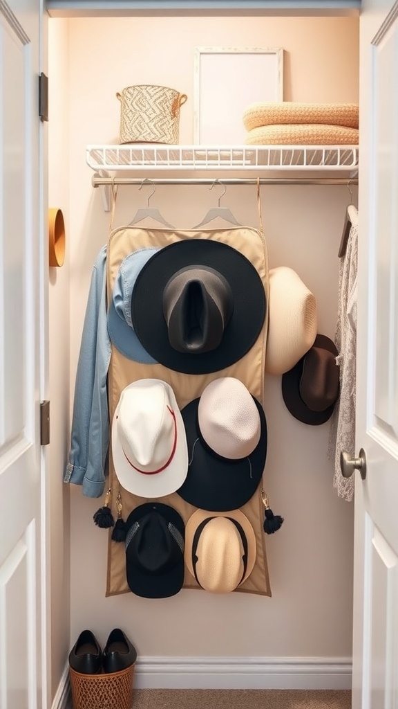 A closet with a hanging hat organizer displaying various hats.