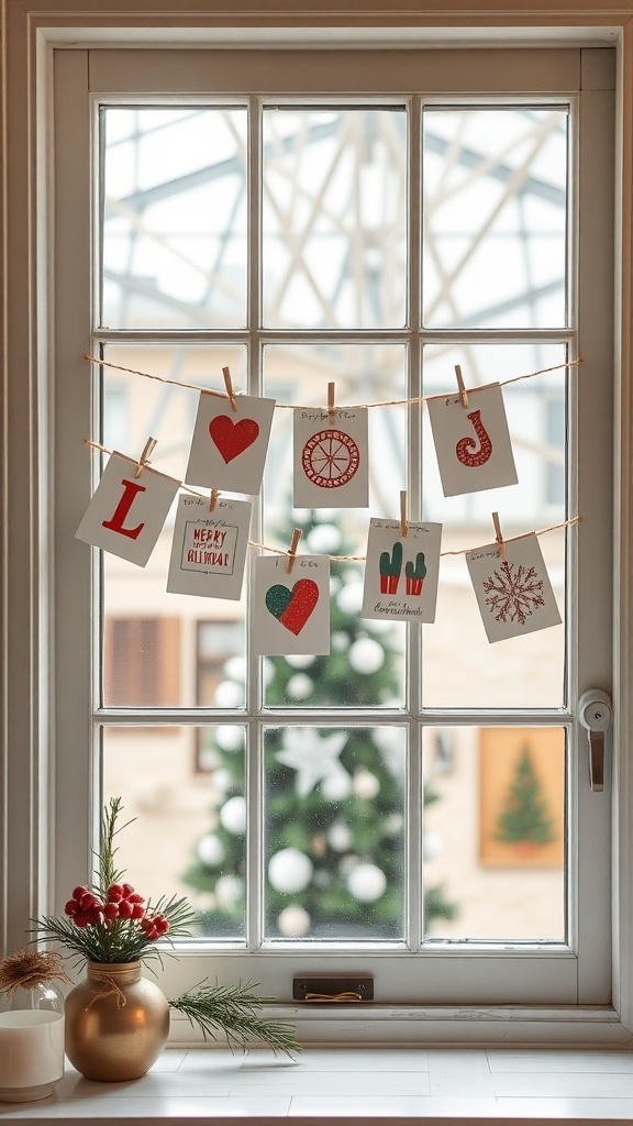 A window decorated with holiday cards and a festive arrangement at the base.
