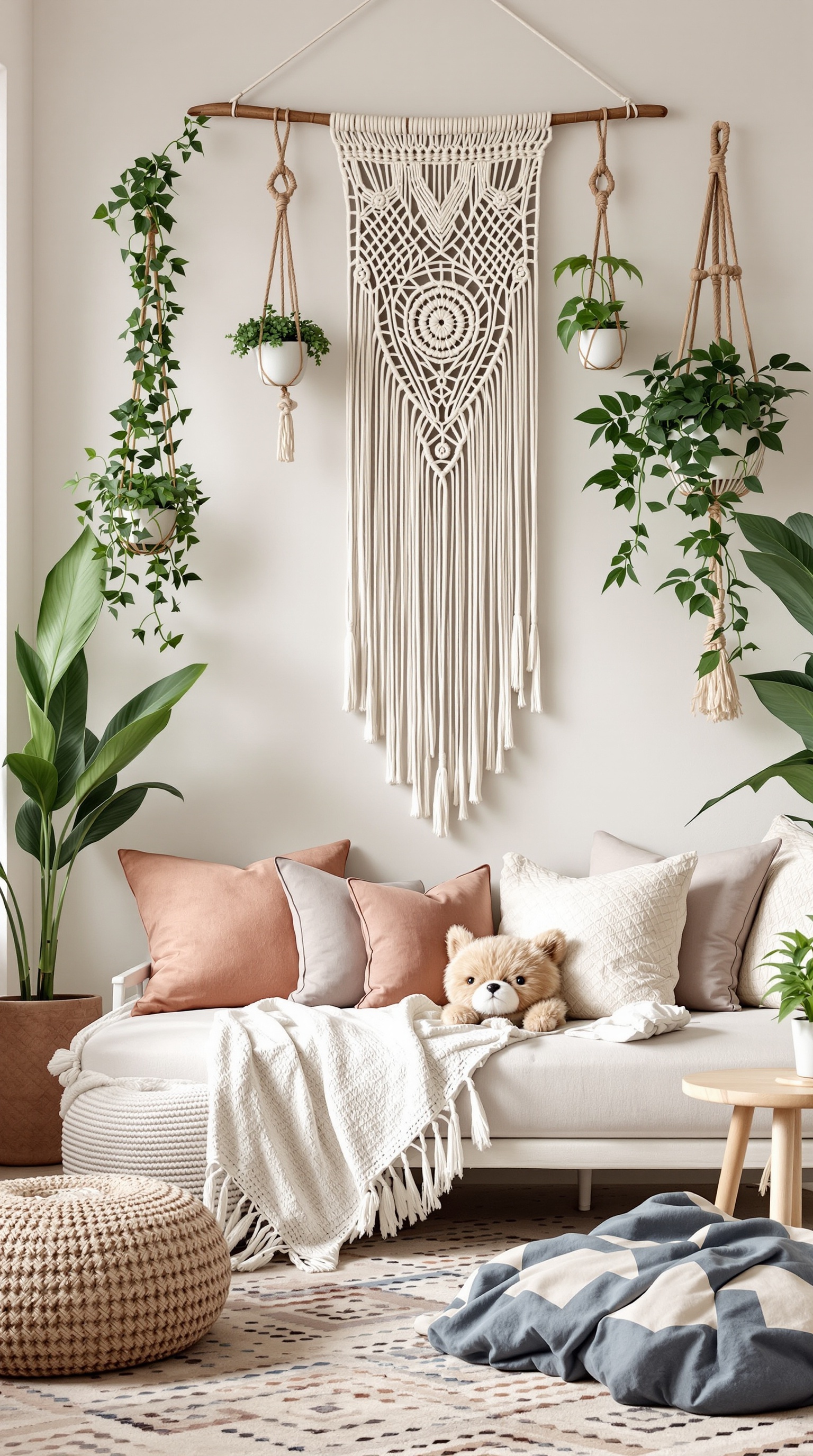 A cozy boho kids room featuring a large macrame wall hanging, hanging planters, and a soft sofa with cushions.