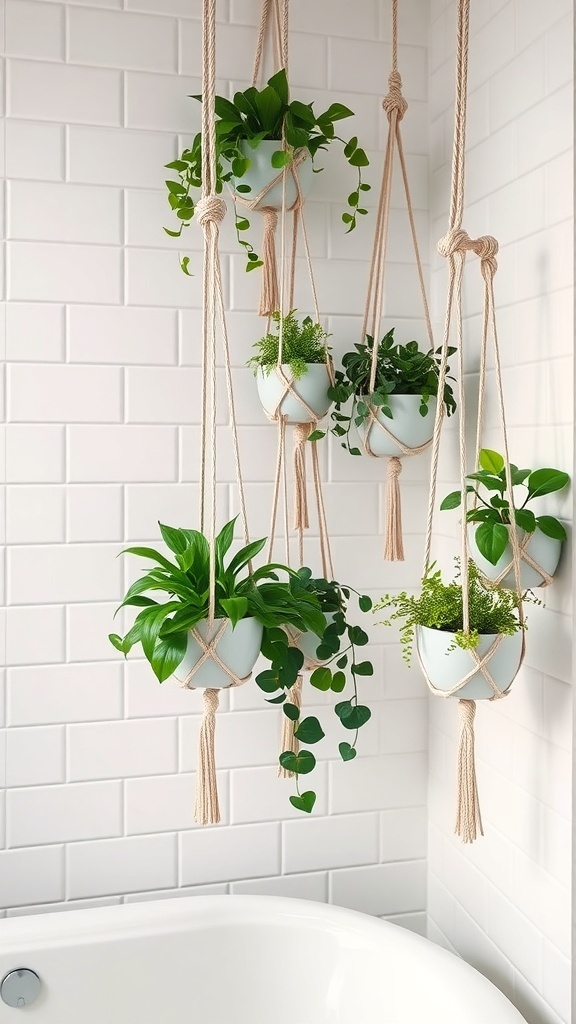 Hanging macrame planters with various green plants in a bathroom setting