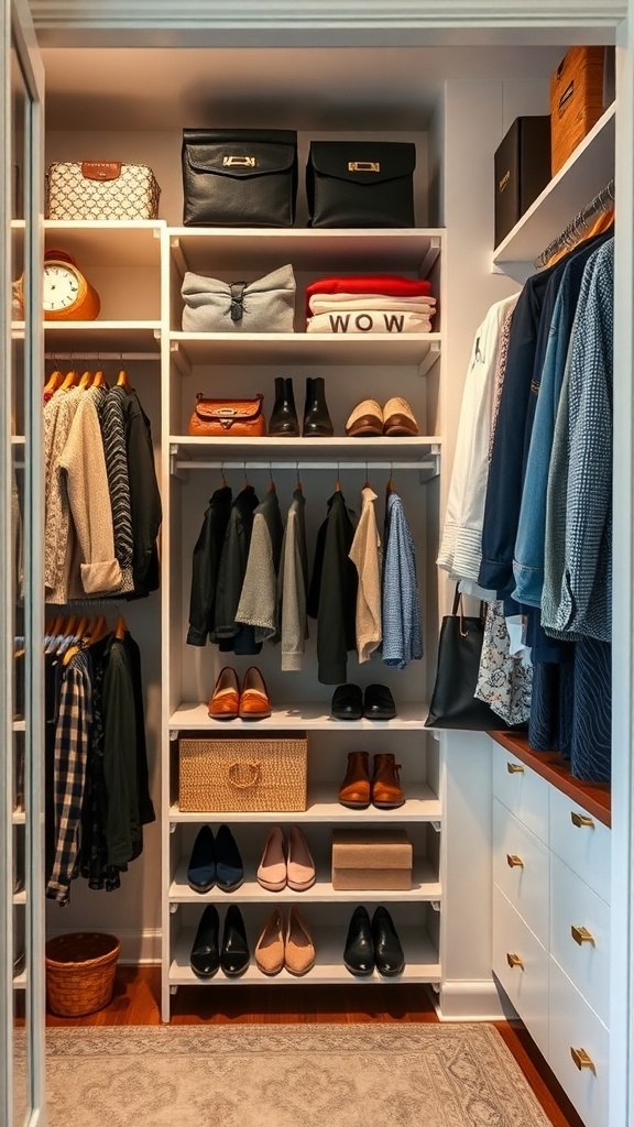 A well-organized closet with hanging clothes, shoes, and storage boxes.