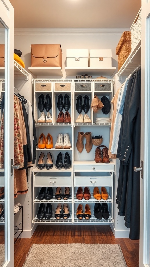 A well-organized closet with hanging organizers, showcasing shoes, bags, and boxes.