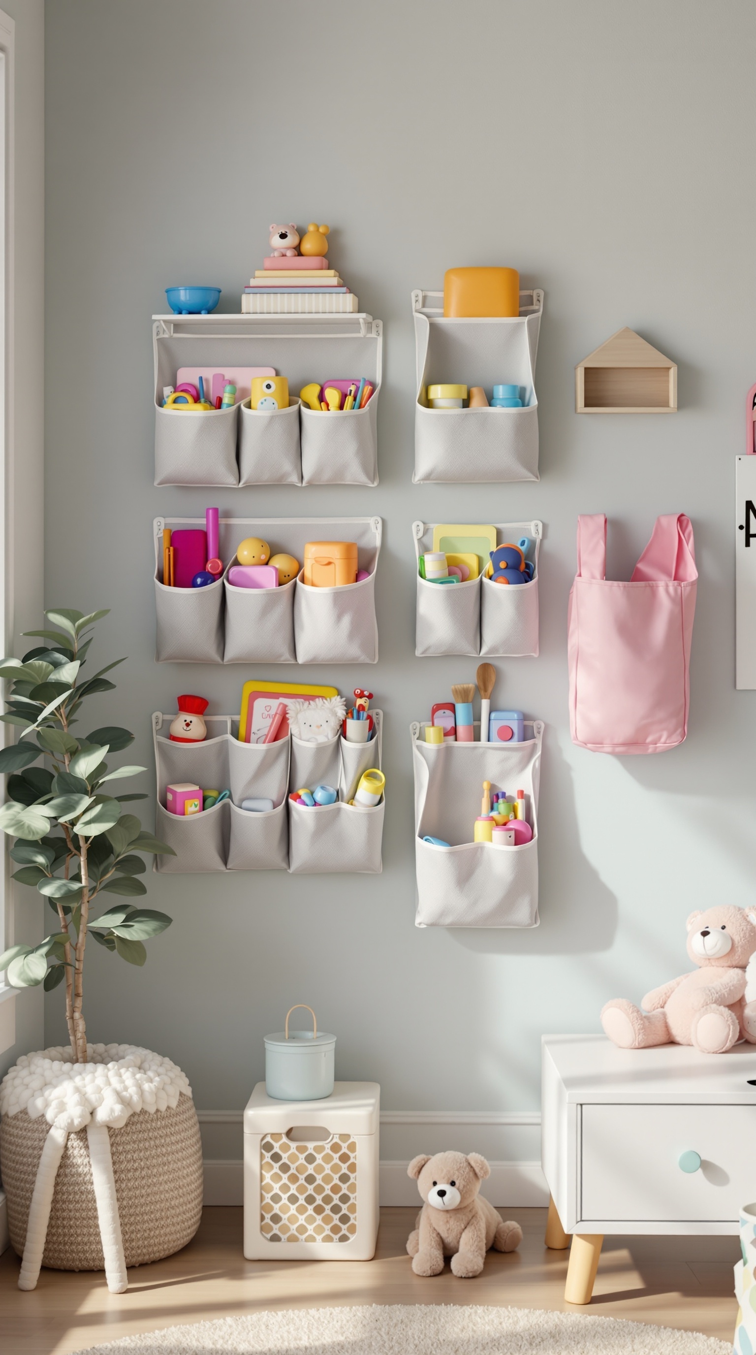 Colorful hanging organizers filled with toys and art supplies on a wall in a playroom.