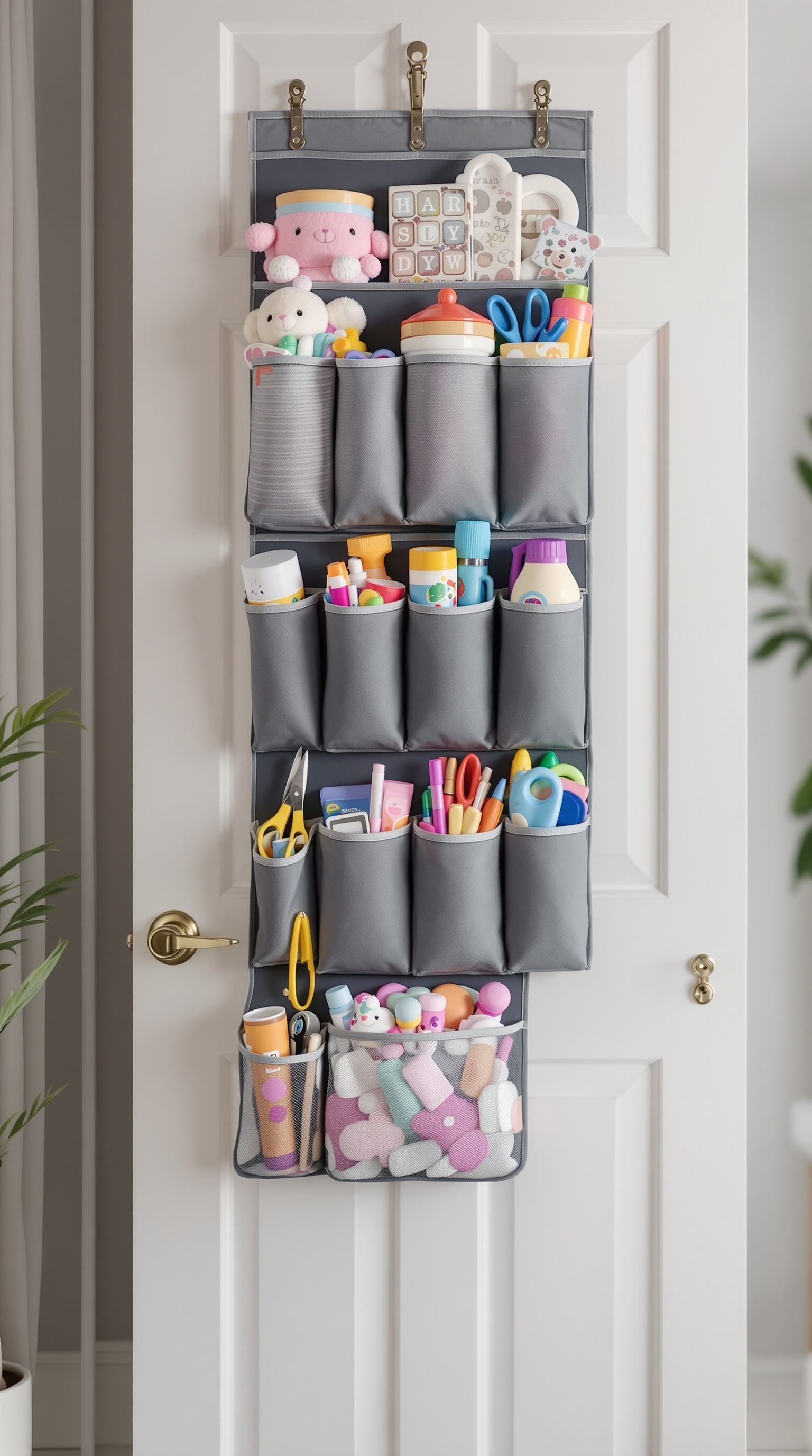 A hanging organizer on a door filled with toys and supplies.