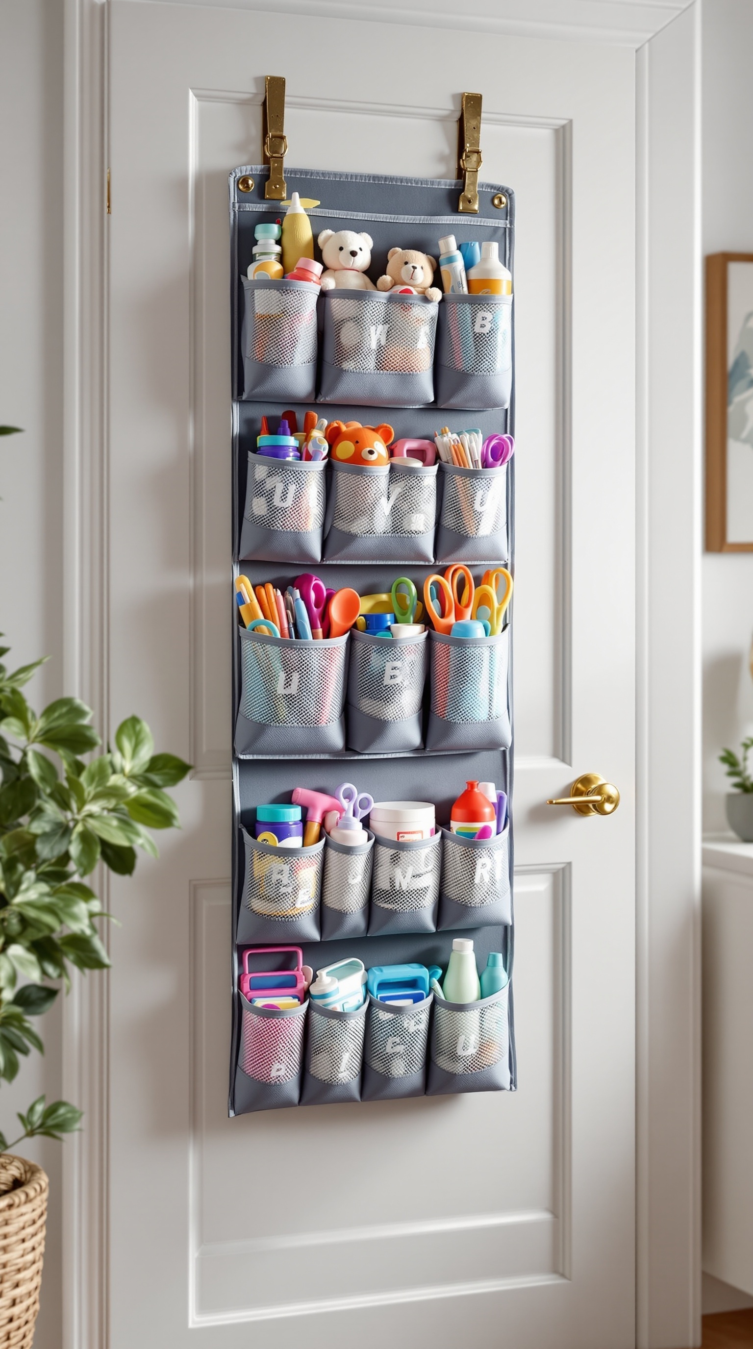 A hanging organizer filled with toys and supplies, showcasing a neat storage solution for small spaces.