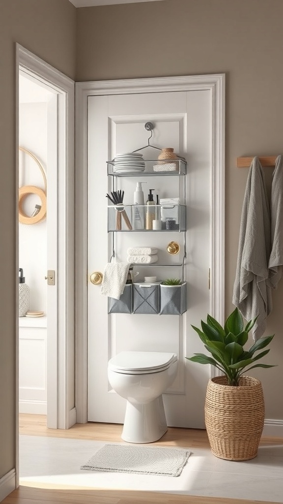 A small bathroom with a hanging organizer on the door, featuring shelves and bins for toiletries, and a plant in a woven basket.