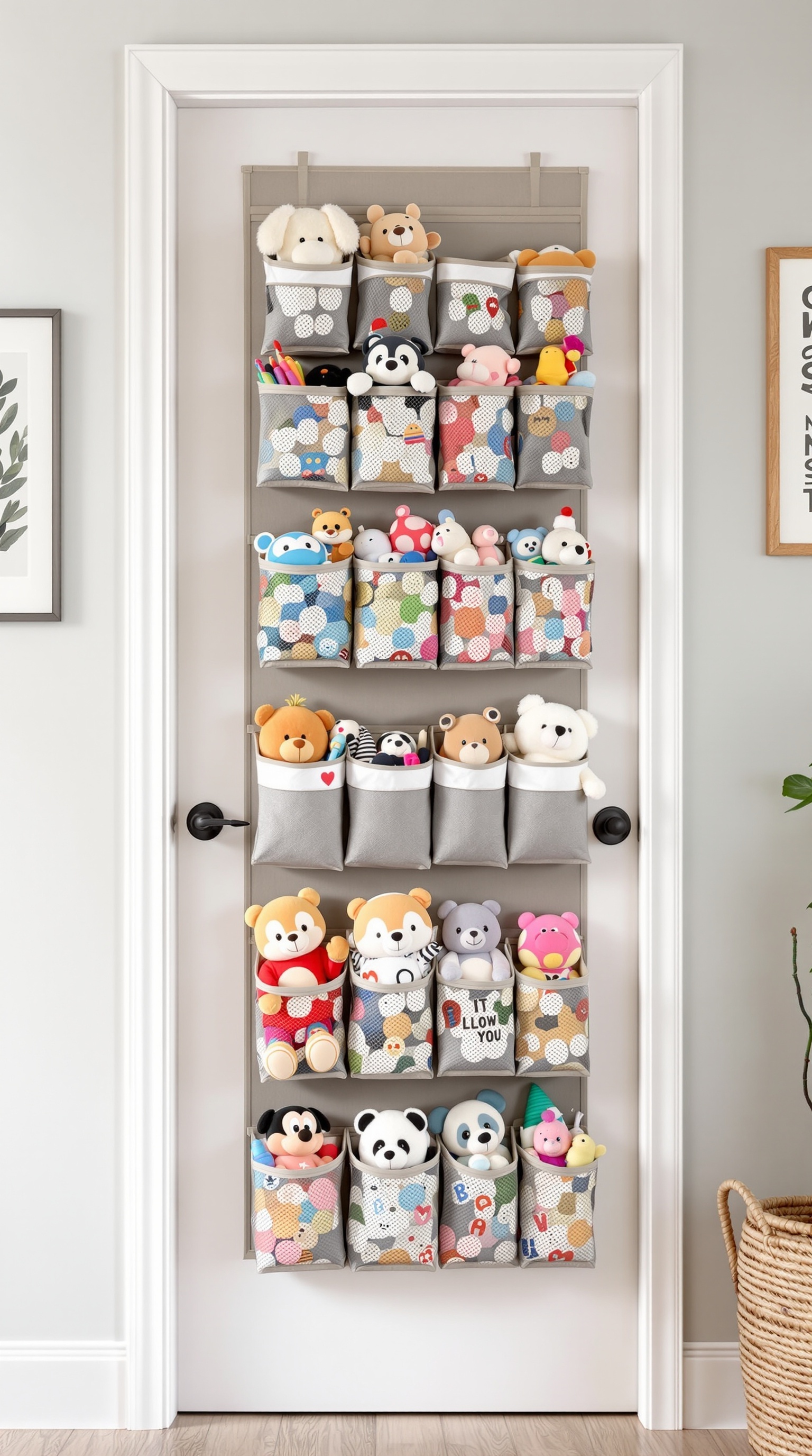A door-mounted hanging organizer filled with various plush toys.
