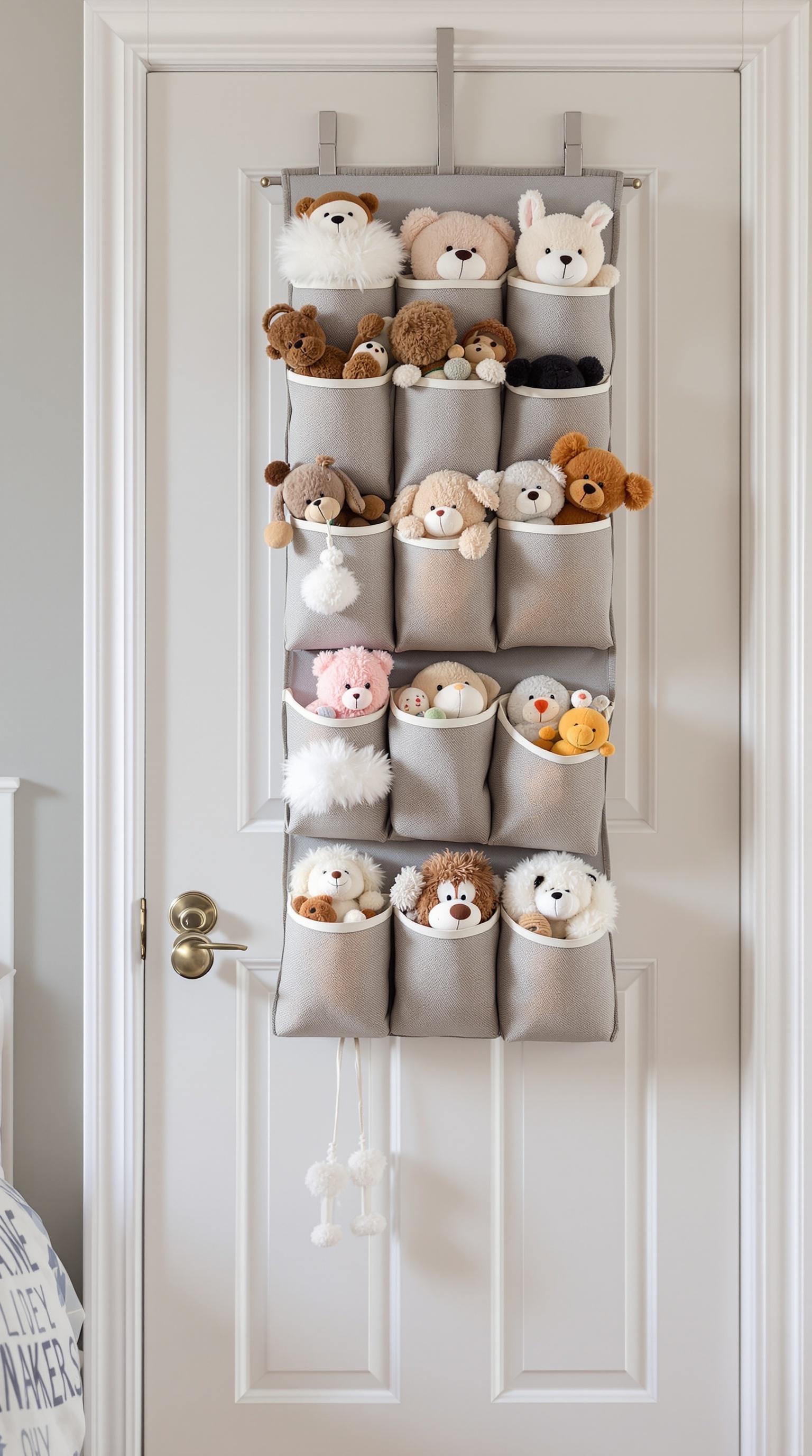 A hanging organizer filled with plush toys, showcasing a variety of stuffed animals in neatly arranged pockets.