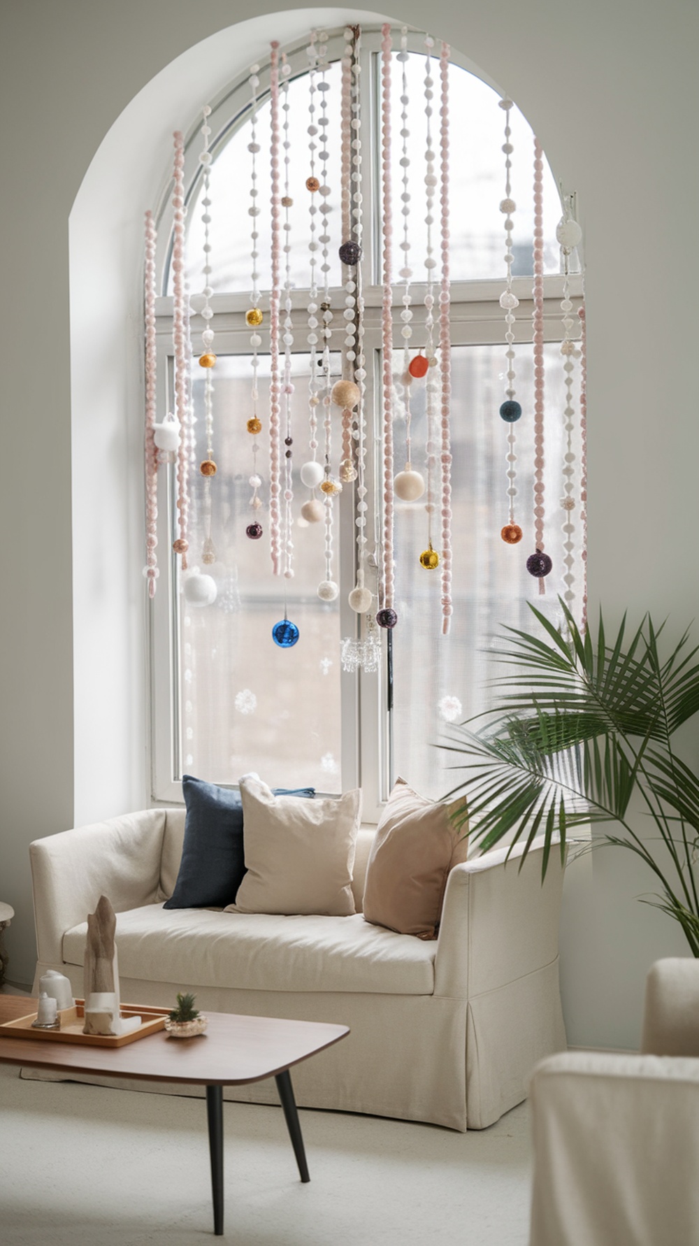 Colorful hanging ornaments and baubles in a window, creating a festive atmosphere.