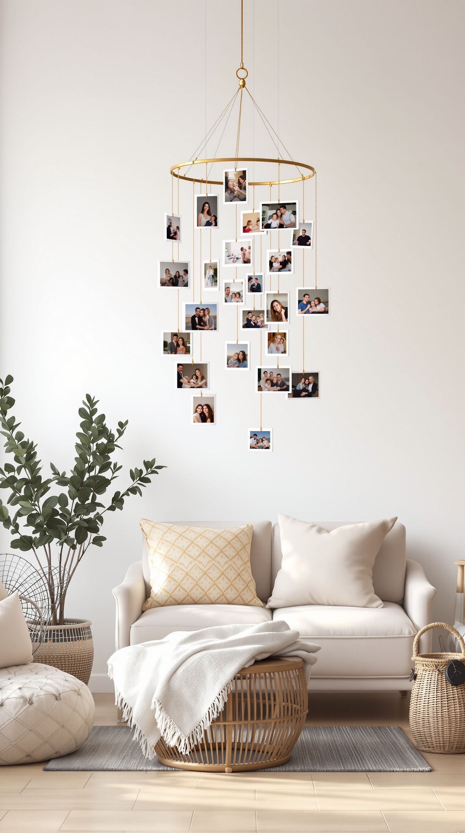 A stylish hanging photo mobile displaying family photos in a cozy living room setting.