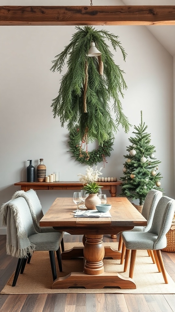 A cozy dining area decorated with hanging pine boughs, a Christmas tree, and a wooden table set for a meal.