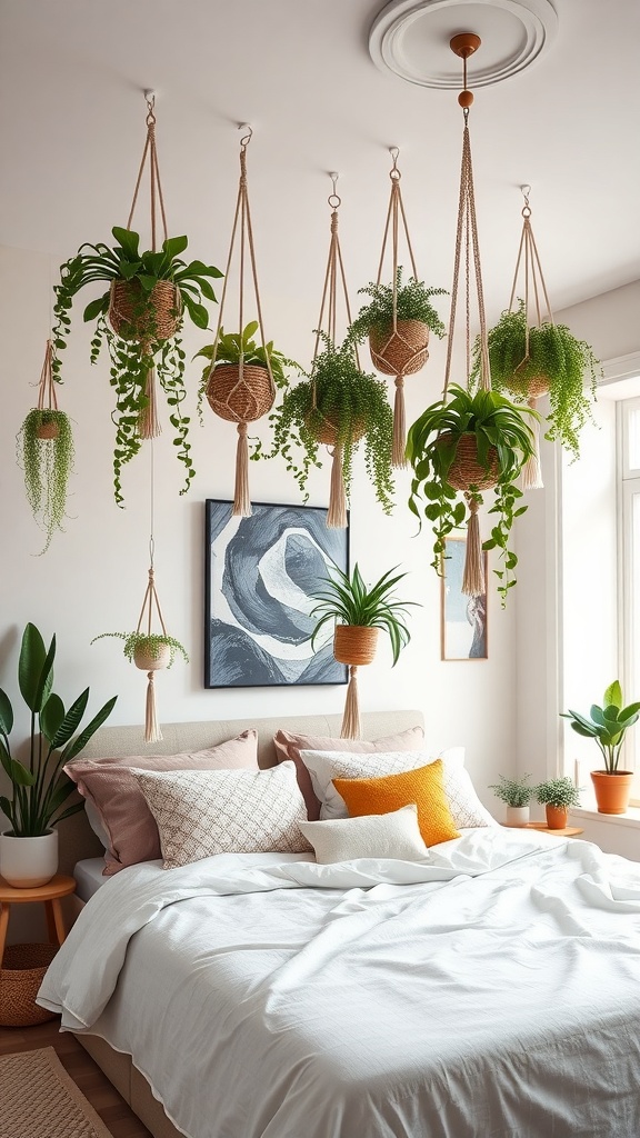 A cozy bedroom featuring multiple hanging plants in woven baskets, creating a boho aesthetic.