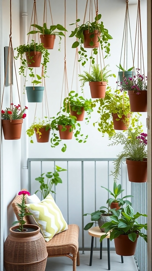A collection of hanging planters with various plants in a cozy backyard setting.