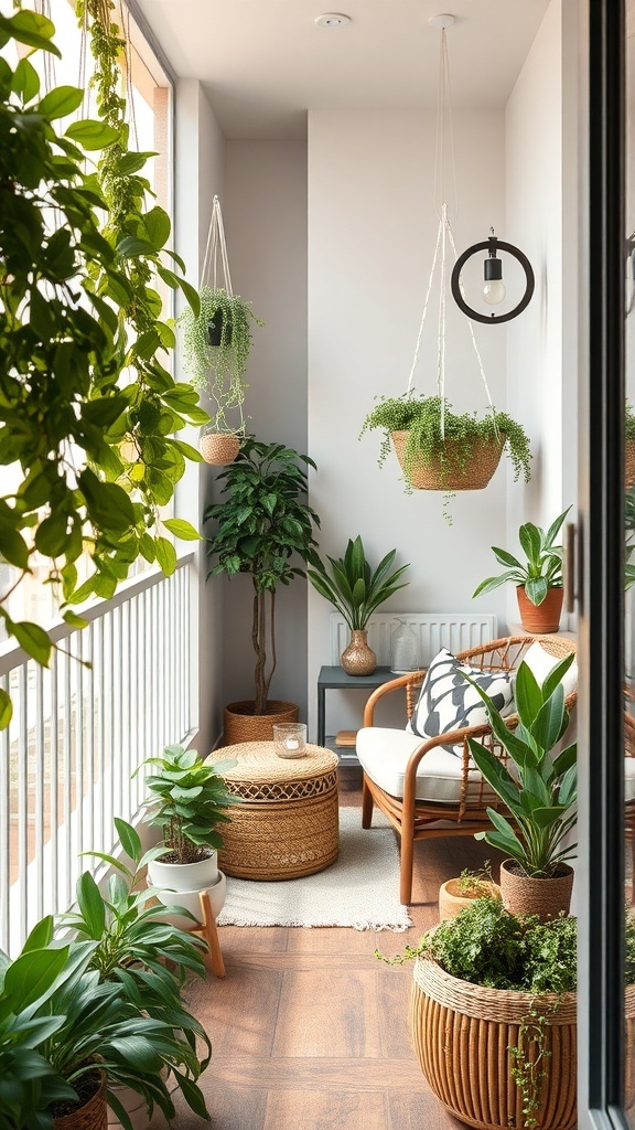 A cozy corner of a small apartment featuring hanging plants, a comfortable chair, and decorative elements.