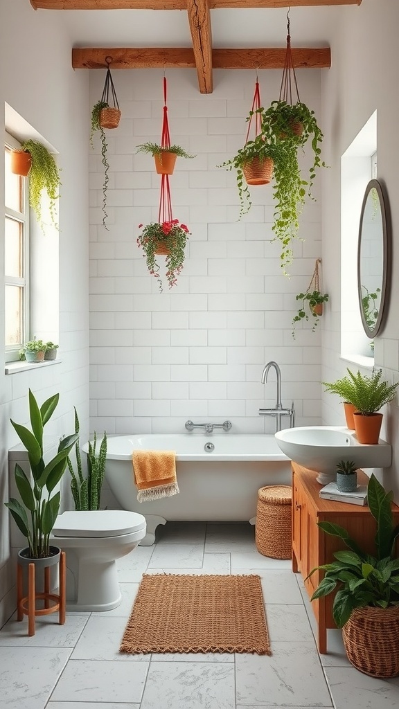 A rustic bathroom featuring hanging plants, a bathtub, and wooden accents.