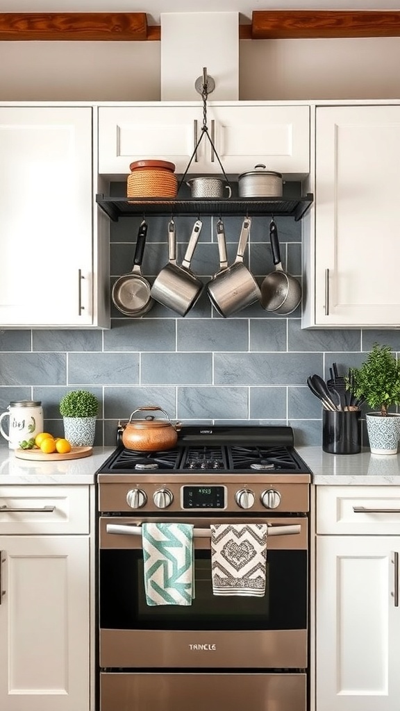 A modern kitchen with a hanging pot rack above the stove, showcasing various pots and pans.