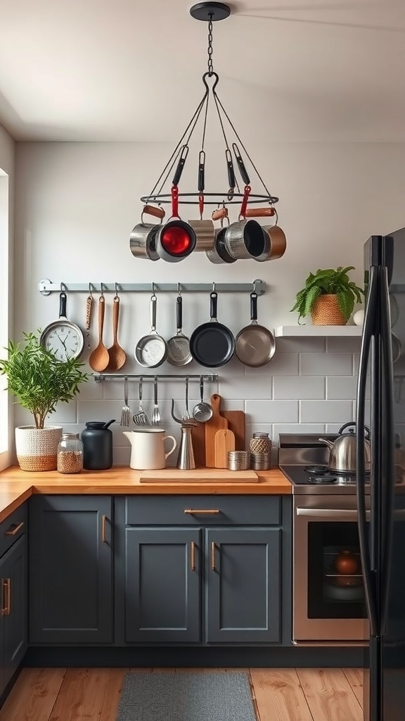 A stylish kitchen featuring a hanging pot rack with various pots and pans, enhancing storage and accessibility.
