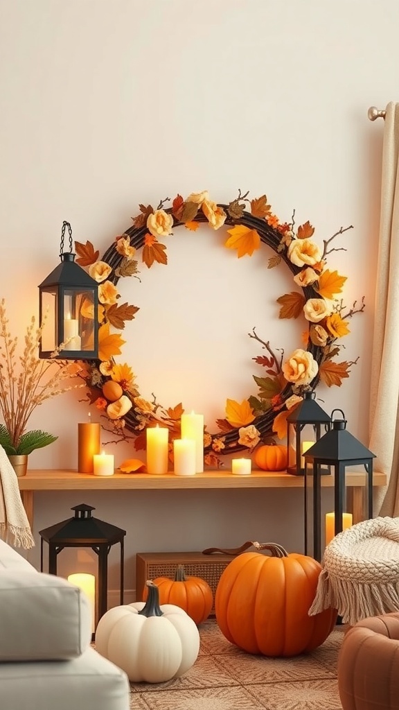 A cozy fall decor featuring a pumpkin lantern wreath with faux pumpkins, flowers, and lanterns.