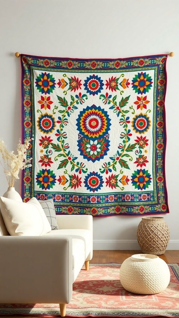 A colorful quilt displayed on a wall above a cozy sofa, enhancing the living space.