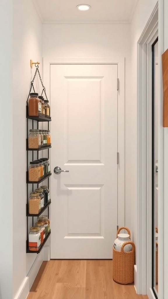 A narrow pantry with a black hanging rack filled with jars of spices and grains.
