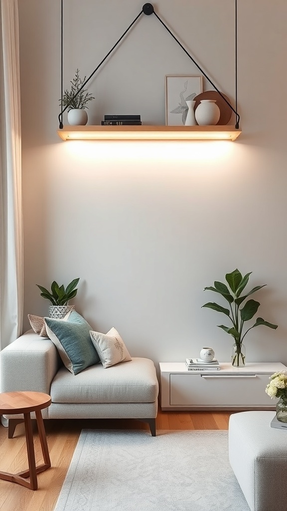 A stylish hanging shelf with built-in lighting, displaying books and decor in a cozy room.